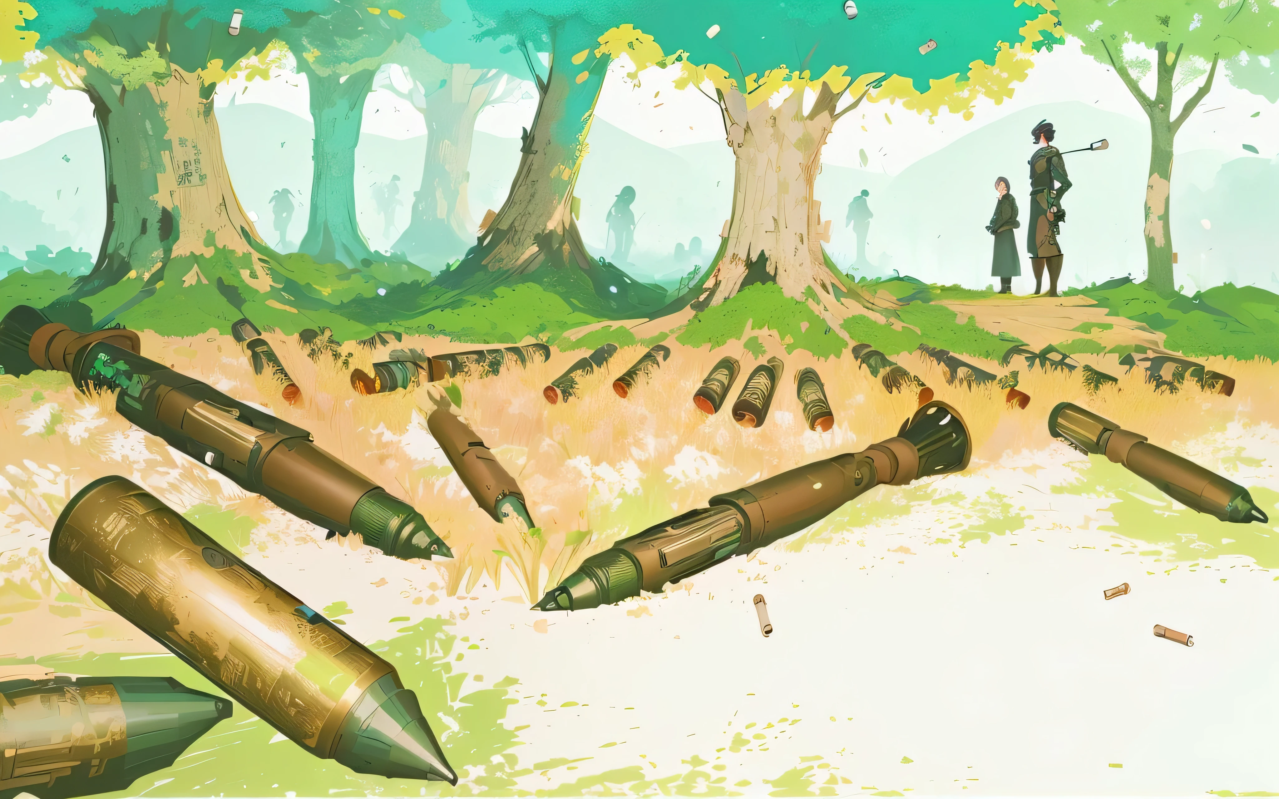 illustration of a mother and a  standing in a forest with a bunch of bullet shells, UXO illustration, a beautiful artwork illustration, full color illustration, background artwork, environment design illustration, background art, concept illustration, 2. 5 d illustration, rpg illustration, background: battle scene, an illustration, stylized digital illustration, concept illustration