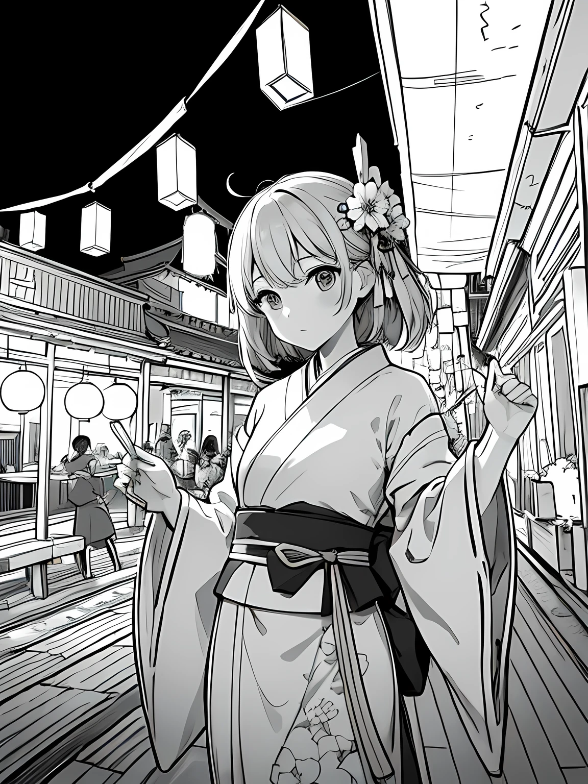 Create a coloring page with a white background showing a Japanese festival at night with fireworks in the sky and lanterns hanging around. The scene should have distinct outlines of people, stalls, and decorations, suitable for coloring.Create a coloring page with a white background and detailed floral designs. The outlines should be thick and easy to color within.,Line art background, background, Monochrome, Line art, ((sketch)),Highest quality,masterpiece,monochrome,Lineart,single color,Create a detailed coloring page,Girl、Big eyes、yukata、Lantern,Generate a coloring page with a white background depicting a nighttime Japanese festival where people are playing a yo-yo fishing game. Include elements like lanterns, festival stalls, and the yo-yo fishing pool, all with clear and bold outlines.Generate a coloring page with a white background depicting a Japanese festival scene where a person is holding a yo-yo. Include elements like festival stalls, lanterns, and other decorations, with clear and bold outlines