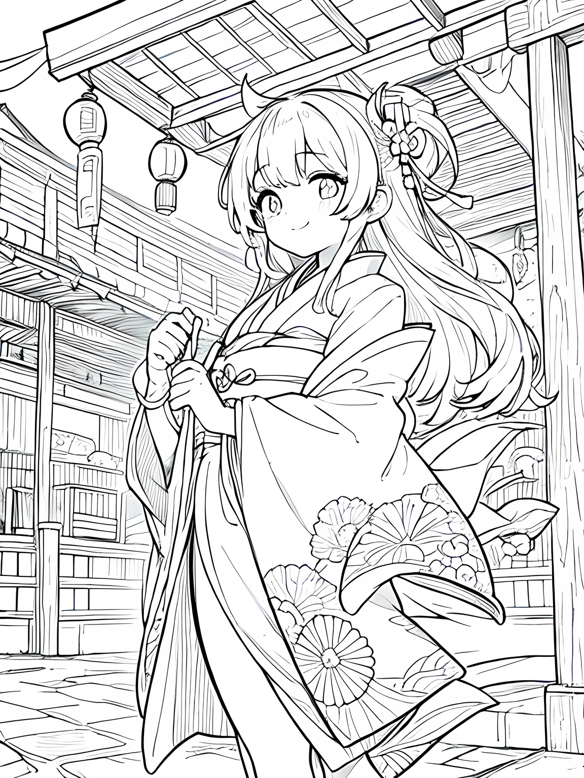 Create a coloring page with a white background showing a Japanese festival at night with fireworks in the sky and lanterns hanging around. The scene should have distinct outlines of people, stalls, and decorations, suitable for coloring.Create a coloring page with a white background and detailed floral designs. The outlines should be thick and easy to color within.,Line art background, background, Monochrome, Line art, ((sketch)),Highest quality,masterpiece,monochrome,Lineart,single color,Create a detailed coloring page,Girl、Big eyes、smile,yukata、Lantern,Generate a coloring page with a white background depicting a nighttime Japanese festival where people are playing a yo-yo fishing game. Include elements like lanterns, festival stalls, and the yo-yo fishing pool, all with clear and bold outlines.Generate a coloring page with a white background depicting a Japanese festival scene where a person is holding a yo-yo. Include elements like festival stalls, lanterns, and other decorations, with clear and bold outlines