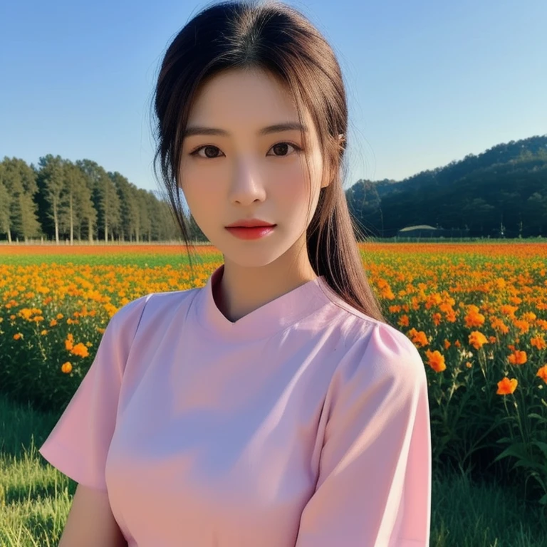 A long-haired woman wearing a black shirt poses in a field of flowers., beautiful south korean woman, beautiful young korean woman, gorgeous young korean woman, Chinese girl, Gorgeous Chinese model, Korean girl, beautiful asian girl, korean woman, Chinese woman, Xindong Chen, By Ni Thian, beautiful pictures, Si Han, Beautiful Asian woman, Jingna Zhang