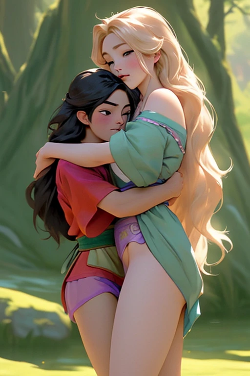 Rapunzel in her underwear and with her hair down hugs Mulan