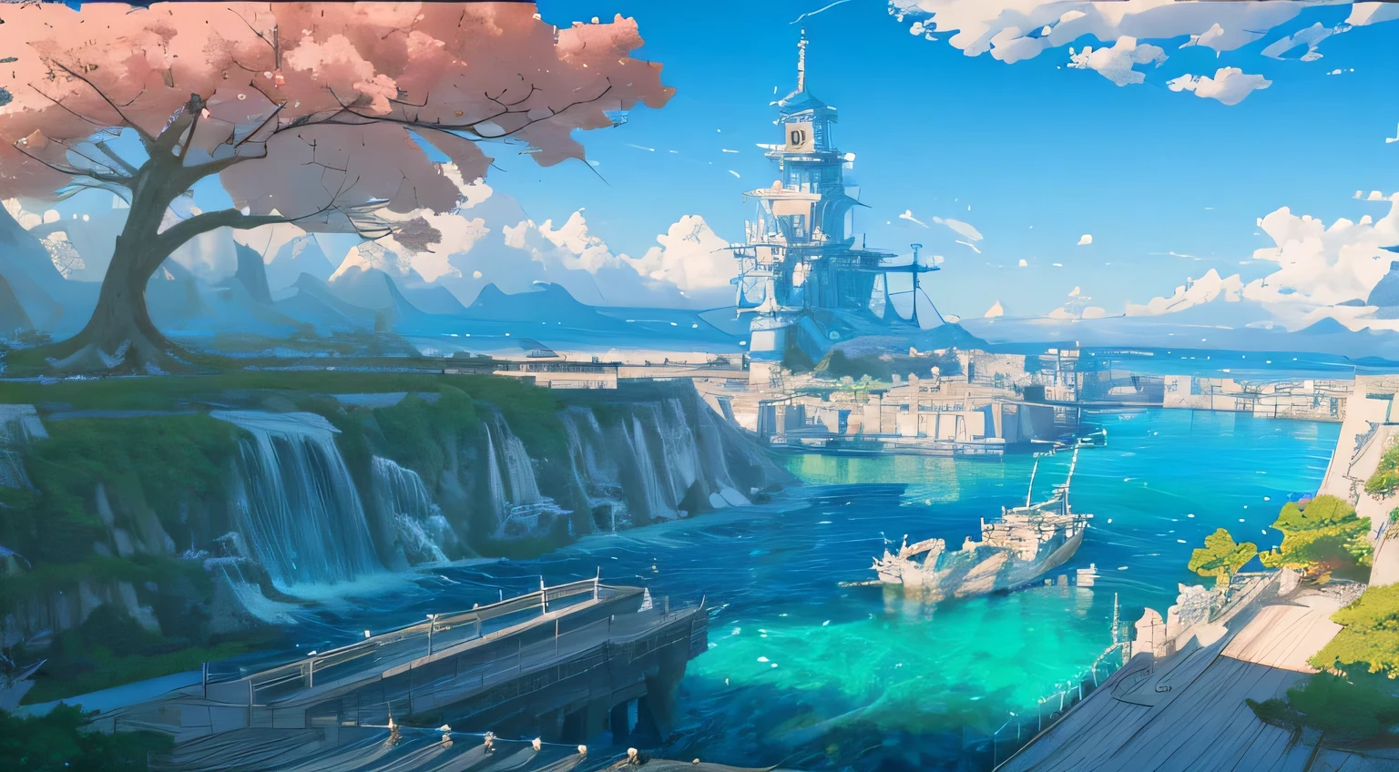 Masterpiece, high detail, 8K resolution, ConceptArt, scenery, water, sky, day, tree, cloud, nature, sea, ancient city of water, ancient waterway, ship harboring, blue sky, from above, Makoto Shinkai artstyle