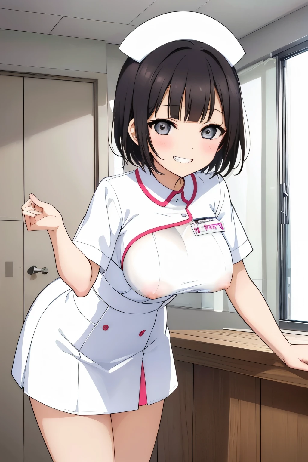 (8K、Highest quality、highest quality、masterpiece)、Detailed face、One girl、 Black Hair、short hair、、blunt bangs、Grey Eyes、evil smile、((Grin))、((White nurse uniform))、((Mini skirt with holes))、Cowboy Shot、((bent over))、hospital、Hospital room、Very large breasts、cheeks are bright red、Blushing、in trouble、White nurse uniform、nurse、Cleavage、Nipples are visible、Breasts on tray、Milk coming out of the nipple、Milk drips from the nipples