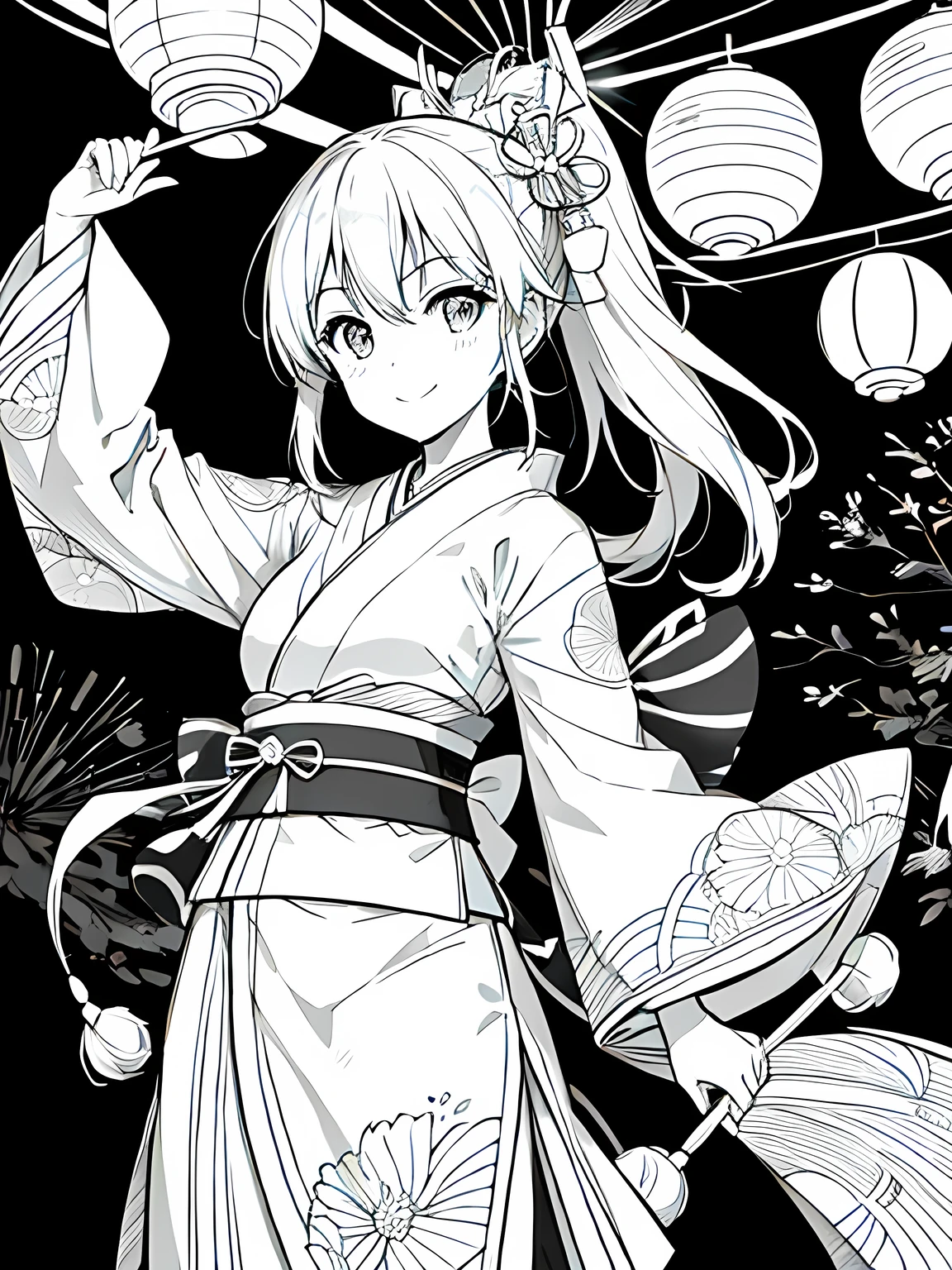 Create a coloring page with a white background showing a Japanese festival at night with fireworks in the sky and lanterns hanging around. The scene should have distinct outlines of people, stalls, and decorations, suitable for coloring.Create a coloring page with a white background and detailed floral designs. The outlines should be thick and easy to color within.,Line art background, background, Monochrome, Line art, ((sketch)),Highest quality,masterpiece,monochrome,Lineart,single color,Create a detailed coloring page,Girl、Big eyes、smile,yukata、Lantern,Generate a coloring page with a white background depicting a nighttime Japanese festival where people are playing a yo-yo fishing game. Include elements like lanterns, festival stalls, and the yo-yo fishing pool, all with clear and bold outlines.Generate a coloring page with a white background depicting a Japanese festival scene where a person is holding a yo-yo. Include elements like festival stalls, lanterns, and other decorations, with clear and bold outlines