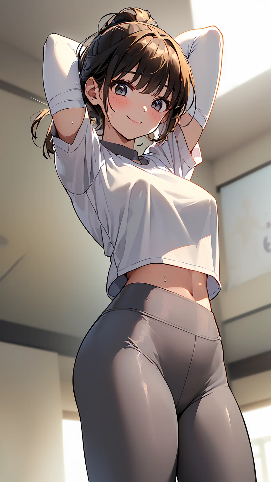 16k、masterpiece、High resolution、((18-year-old high school girl))、Brown Hair、Very large breasts、(((White short-sleeved sporty shirt)、((Gray sports leggings))、((Put your arms behind your head))、A cheerful smile、smile、Angle from below、、Sweating profusely、The bra is visible、School gym