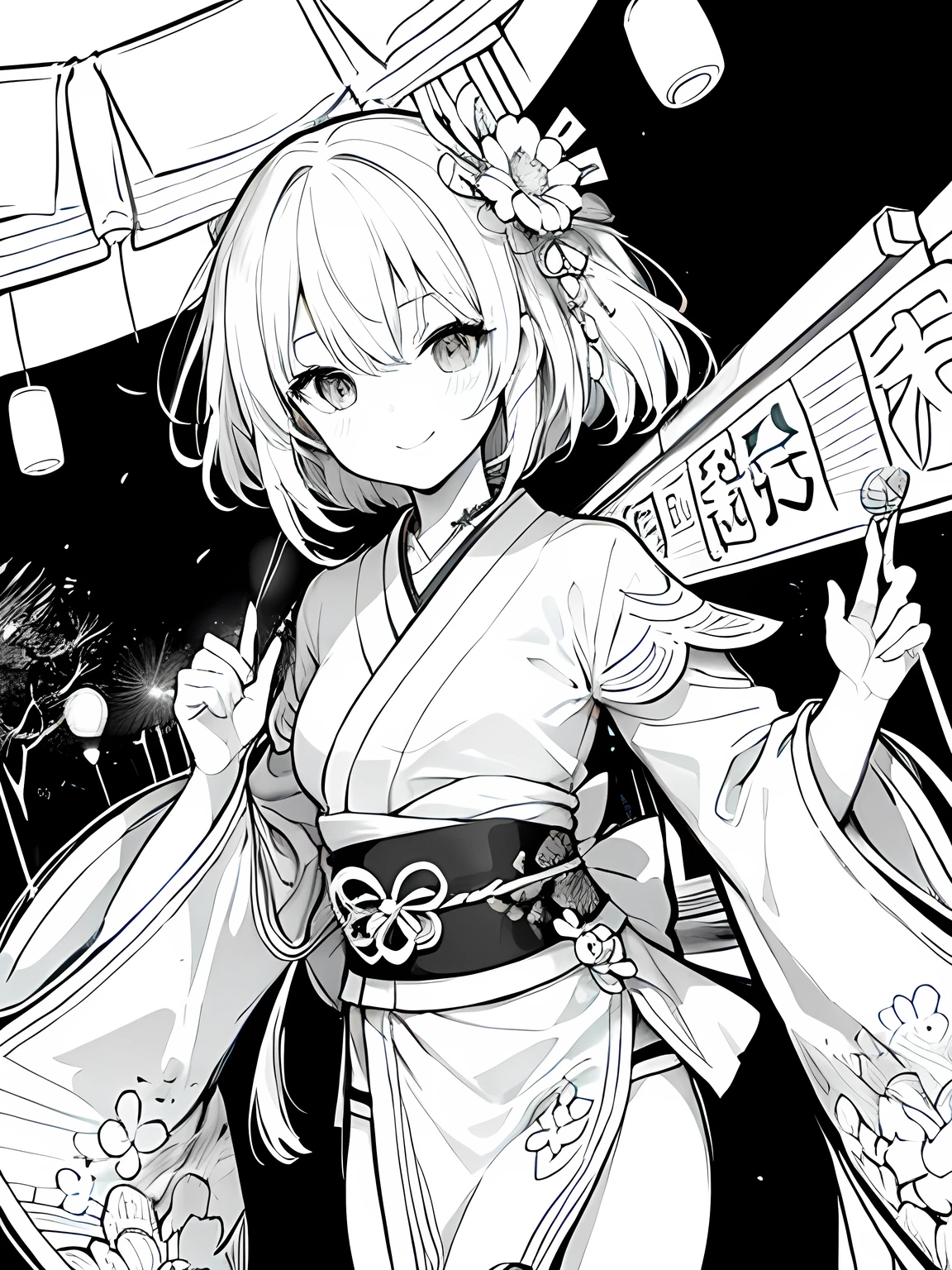 Create a coloring page with a white background showing a Japanese festival at night with fireworks in the sky and lanterns hanging around. The scene should have distinct outlines of people, stalls, and decorations, suitable for coloring.Create a coloring page with a white background and detailed floral designs. The outlines should be thick and easy to color within.,Line art background, background, Monochrome, Line art, ((sketch)),Highest quality,masterpiece,monochrome,Lineart,single color,Create a detailed coloring page,Girl、Big eyes、smile,yukata、Lantern,Generate a coloring page with a white background depicting a nighttime Japanese festival where people are playing a yo-yo fishing game. Include elements like lanterns, festival stalls, and the yo-yo fishing pool, all with clear and bold outlines.Generate a coloring page with a white background depicting a Japanese festival scene where a person is holding a yo-yo. Include elements like festival stalls, lanterns, and other decorations, with clear and bold outlines