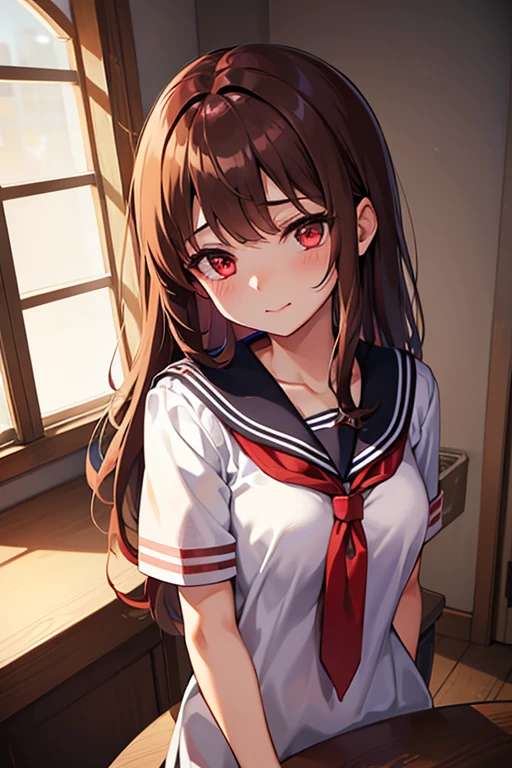 Girl, sailor uniform, glowing red eyes, brown medium length fluffy hair, shady, light skin, pretty, cute, holding and licking knife, insane, yandere, mentally unstable, deranged