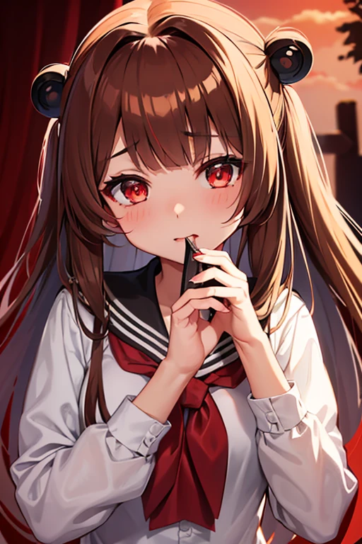 Girl, sailor uniform, glowing red eyes, brown medium length fluffy hair, shady, light skin, pretty, cute, holding and licking knife, insane, yandere, mentally unstable, deranged