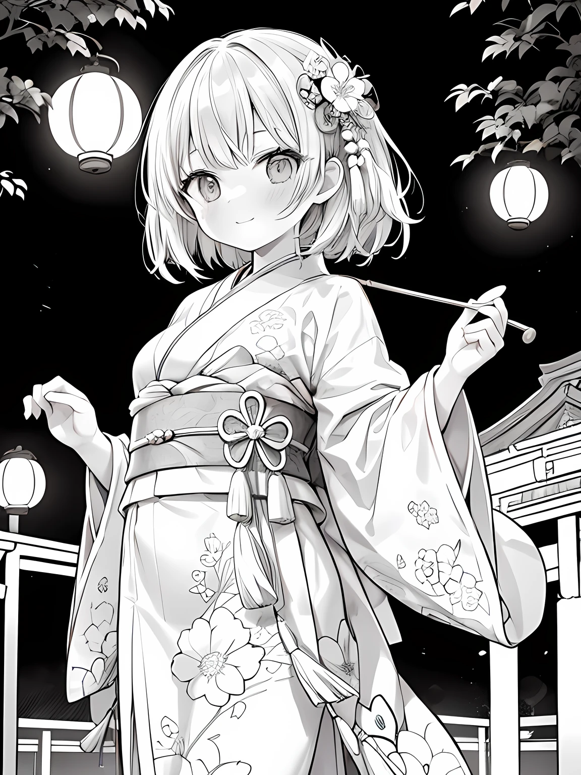 Create a coloring page with a white background showing a Japanese festival at night with fireworks in the sky and lanterns hanging around. The scene should have distinct outlines of people, stalls, and decorations, suitable for coloring.Create a coloring page with a white background and detailed floral designs. The outlines should be thick and easy to color within.,Line art background, background, Monochrome, Line art, ((sketch)),Highest quality,masterpiece,monochrome,Lineart,single color,Create a detailed coloring page,Girl、Big eyes、smile,yukata、Lantern,Generate a coloring page with a white background depicting a nighttime Japanese festival where people are playing a yo-yo fishing game. Include elements like lanterns, festival stalls, and the yo-yo fishing pool, all with clear and bold outlines.Generate a coloring page with a white background depicting a Japanese festival scene where a person is holding a yo-yo. Include elements like festival stalls, lanterns, and other decorations, with clear and bold outlines