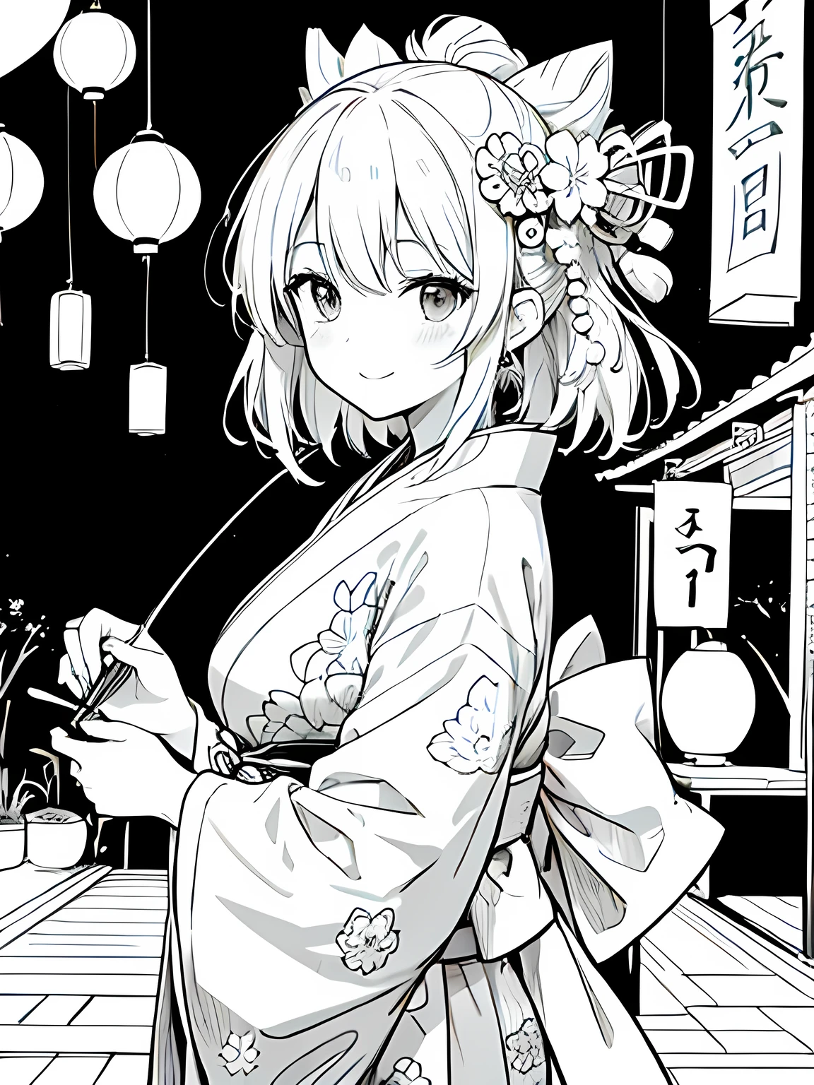 Create a coloring page with a white background showing a Japanese festival at night with fireworks in the sky and lanterns hanging around. The scene should have distinct outlines of people, stalls, and decorations, suitable for coloring.Create a coloring page with a white background and detailed floral designs. The outlines should be thick and easy to color within.,Line art background, background, Monochrome, Line art, ((sketch)),Highest quality,masterpiece,monochrome,Lineart,single color,Create a detailed coloring page,Girl、Big eyes、smile,yukata、Lantern,Generate a coloring page with a white background depicting a nighttime Japanese festival where people are playing a yo-yo fishing game. Include elements like lanterns, festival stalls, and the yo-yo fishing pool, all with clear and bold outlines.Generate a coloring page with a white background depicting a Japanese festival scene where a person is holding a yo-yo. Include elements like festival stalls, lanterns, and other decorations, with clear and bold outlines