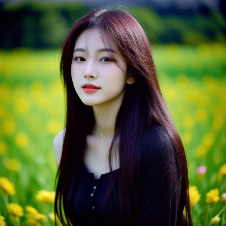 A long-haired woman wearing a black shirt poses in a field of flowers., beautiful south korean woman, beautiful young korean woman, gorgeous young korean woman, Chinese girl, Gorgeous Chinese model, Korean girl, beautiful asian girl, korean woman, Chinese woman, Xindong Chen, By Ni Thian, beautiful pictures, Si Han, Beautiful Asian woman, Jingna Zhang