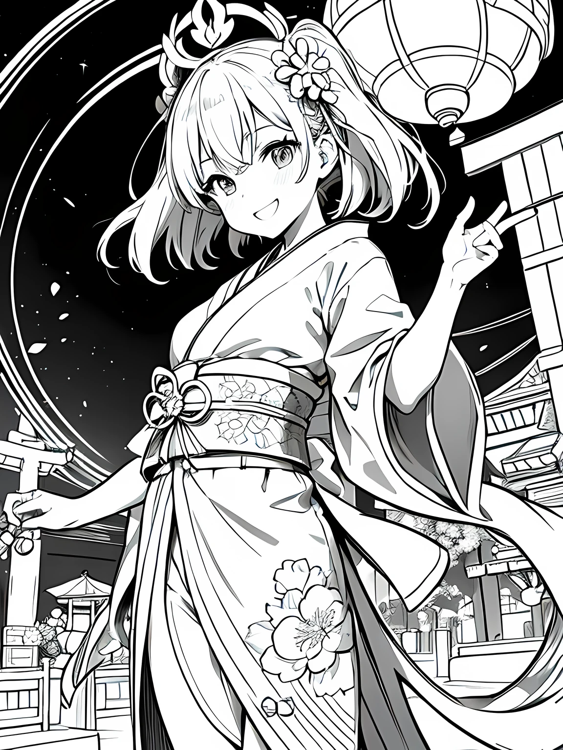 Create a coloring page with a white background showing a Japanese festival at night with fireworks in the sky and lanterns hanging around. The scene should have distinct outlines of people, stalls, and decorations, suitable for coloring.Create a coloring page with a white background and detailed floral designs. The outlines should be thick and easy to color within.,Line art background, background, Monochrome, Line art, ((sketch)),Highest quality,masterpiece,monochrome,Lineart,single color,Create a detailed coloring page,Girl、Big eyes、smile,yukata、Lantern,Generate a coloring page with a white background depicting a nighttime Japanese festival where people are playing a yo-yo fishing game. Include elements like lanterns, festival stalls, and the yo-yo fishing pool, all with clear and bold outlines.Generate a coloring page with a white background depicting a Japanese festival scene where a person is holding a yo-yo. Include elements like festival stalls, lanterns, and other decorations, with clear and bold outlines