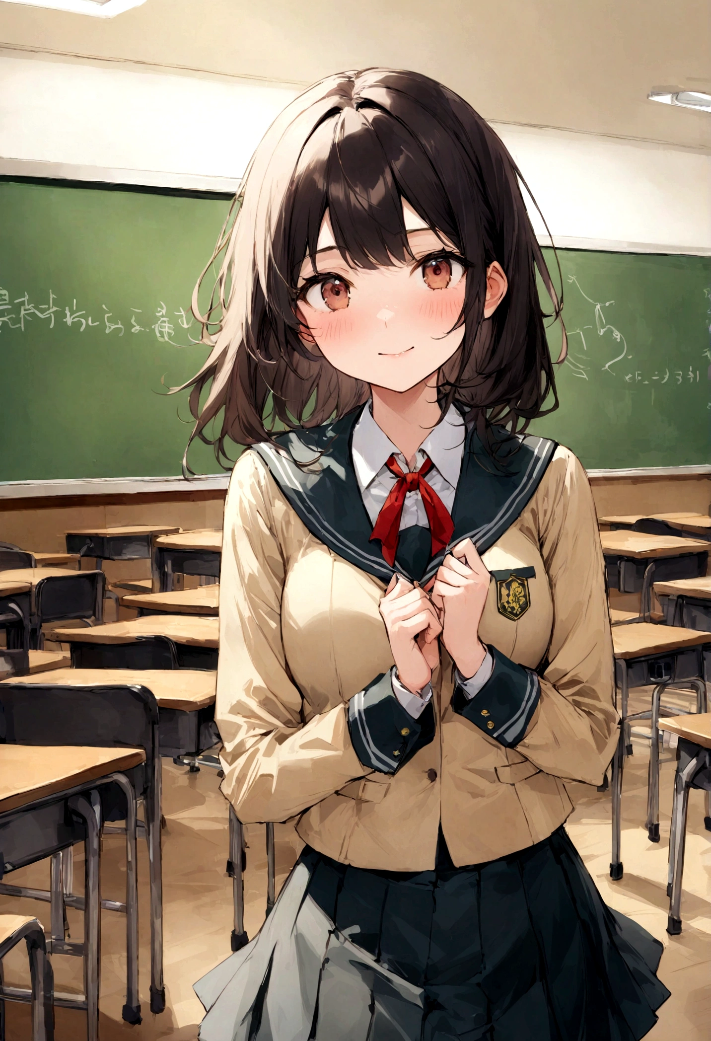 Passed the exam with my back to the camera,take an exam,School、in class、unsupervised、Blackboard and classroom: In the background of the photo、A typical classroom atmosphere.、The blackboard will be placed in a prominent position。On the blackboard、May contain educational information or graphics。 student: Students wearing educational uniforms