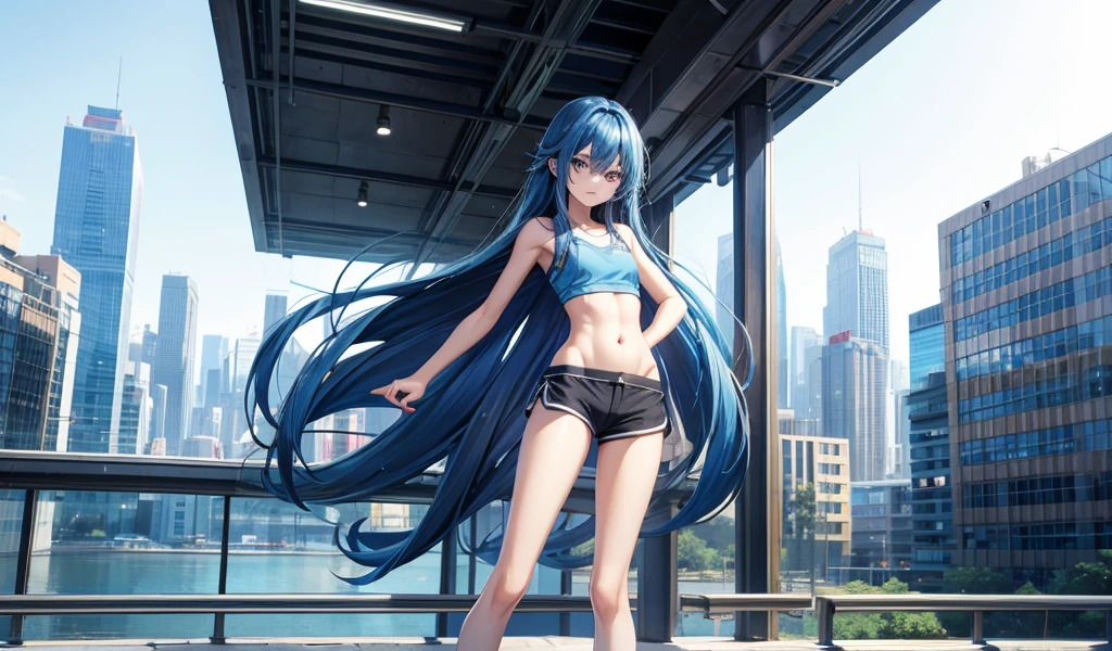 blue long hair boy，flat chest，Extremely slim body，Sports bras，shorts，Thin legs，City