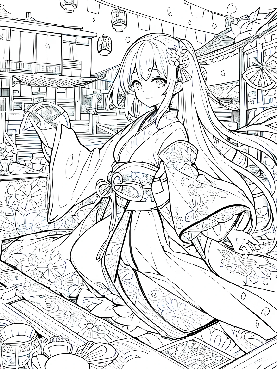 Generate a coloring page with a white background depicting a nighttime Japanese festival where people are playing a goldfish scooping game. Include elements like lanterns, festival stalls, and the goldfish scooping pool, all with clear and bold outlines.Create a coloring page with a white background showing a Japanese festival at night with fireworks in the sky and lanterns hanging around. The scene should have distinct outlines of people, stalls, and decorations, suitable for coloring.Create a coloring page with a white background and detailed floral designs. The outlines should be thick and easy to color within.,Line art background, background, Monochrome, Line art, ((sketch)),Highest quality,masterpiece,monochrome,Lineart,single color,Create a detailed coloring page,Girl、Big eyes、smile,yukata、Lantern,Goldfish,Goldfish scoop,Generate a coloring page with a white background featuring a character enjoying a goldfish scooping game at a Japanese festival. The character should be depicted with a net, attempting to catch goldfish from a pool. Ensure the character and the goldfish scooping setup have clear, bold outlines suitable for coloring.