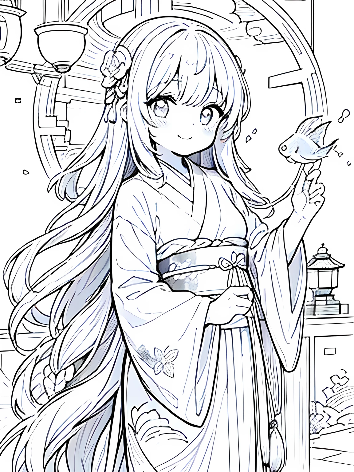 Generate a coloring page with a white background depicting a nighttime Japanese festival where people are playing a goldfish scooping game. Include elements like lanterns, festival stalls, and the goldfish scooping pool, all with clear and bold outlines.Create a coloring page with a white background showing a Japanese festival at night with fireworks in the sky and lanterns hanging around. The scene should have distinct outlines of people, stalls, and decorations, suitable for coloring.Create a coloring page with a white background and detailed floral designs. The outlines should be thick and easy to color within.,Line art background, background, Monochrome, Line art, ((sketch)),Highest quality,masterpiece,monochrome,Lineart,single color,Create a detailed coloring page,Girl、Big eyes、smile,yukata、Lantern,Goldfish,Goldfish scoop,Generate a coloring page with a white background featuring a character enjoying a goldfish scooping game at a Japanese festival. The character should be depicted with a net, attempting to catch goldfish from a pool. Ensure the character and the goldfish scooping setup have clear, bold outlines suitable for coloring.