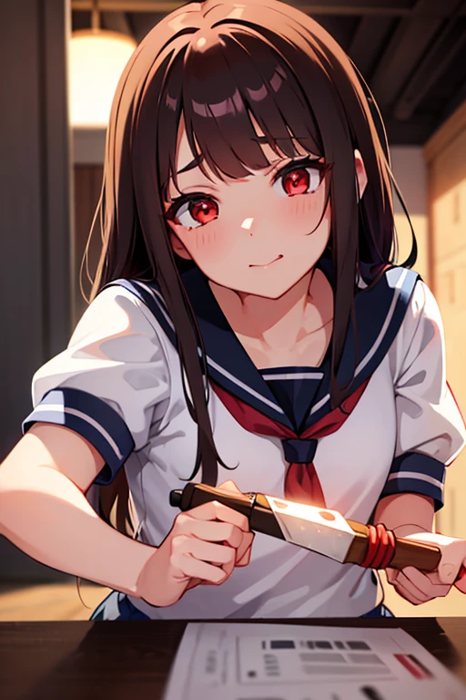 Girl, sailor uniform, glowing red eyes, brunette medium length fluffy hair, shady, light skin, pretty, cute, holding and licking knife