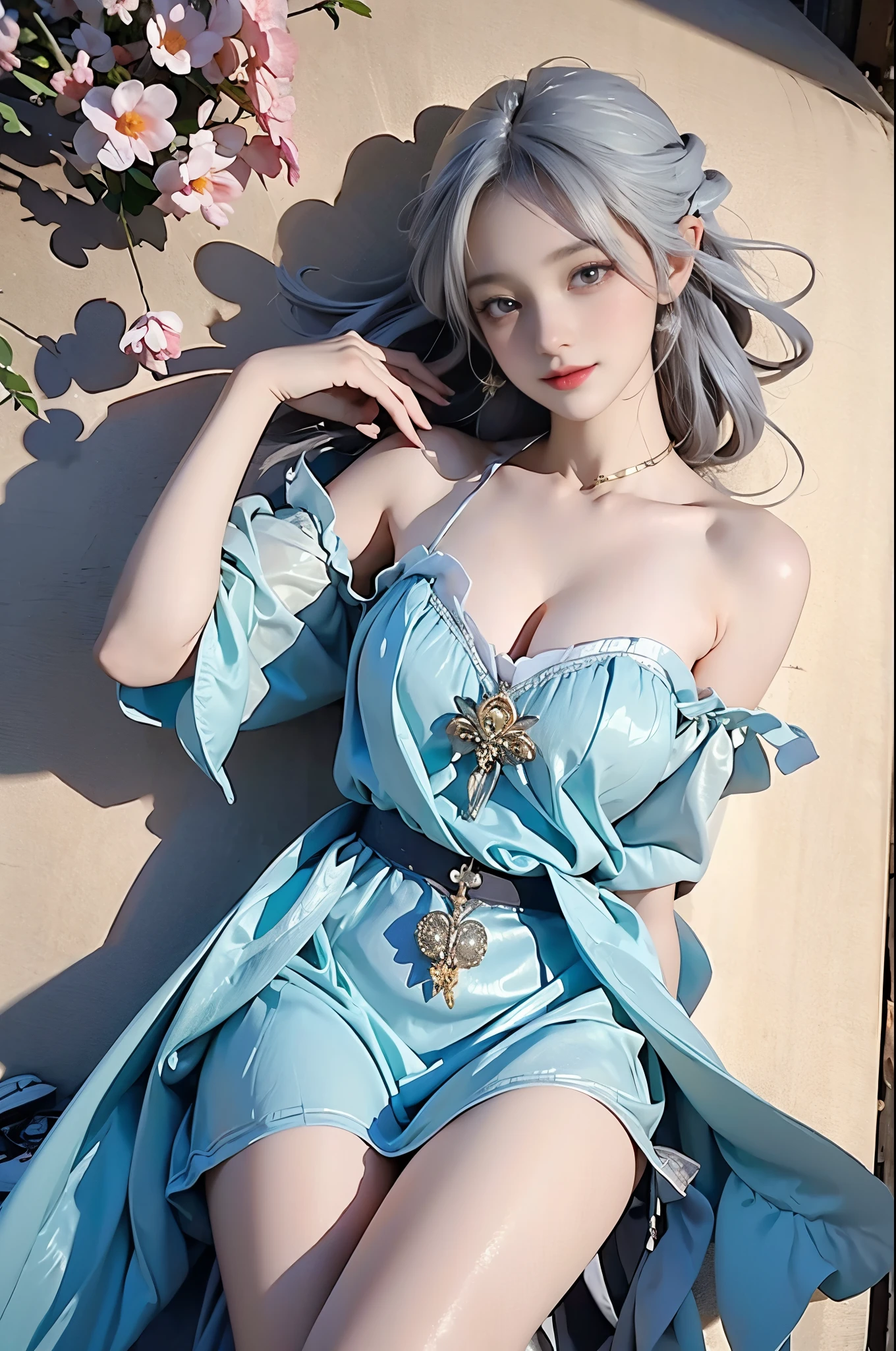 A beautiful fairy girl with large breasts, bare shoulders, and a short hemline, 4k ultra HD, masterpiece, detailed eyes, detailed lips, elegant poses, random scenes, random shooting angles, The right hand, the right anatomy