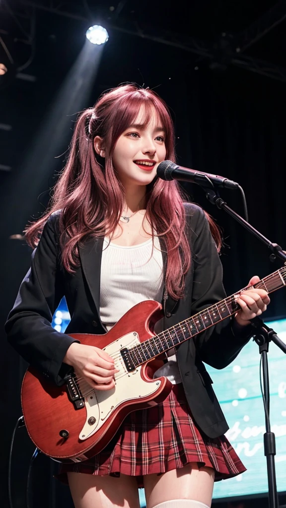 ((best quality)), photorealistic, photorealism, Photorealistic, high resolution, school girl blazer、 uniform、Red checked knee-length skirt、Long skirt、JK Style、Jacket、smile、Knee-high socks、Thigh-high socks、pantyhose、A superb beauty、Super cute、ennui、Rare beauty、pony tail hair、Black Dark Eyeshadow、Sad、white skin、pale skin、Long hair straightener、Dark Gothic Makeup、Cute Smile、Fragrant beauty、Stained glass background、Mastepiece、Best Quality、Refers to 5 books、Sweat glistening on my chest、Sweat glistening on my face、Small breasts、Dark pink hair、Age 20 years old、Mysterious look、A sad expression、Blonde Hair、mysterious gothic church、enchanting castle、Sweating profusely all over the body、A lot of sweat and light on the thighs、Shiny thighs、Plenty of sweat glistening on the thighs、A large amount of sweat glistens on my thighs、Sweating profusely、Gal、Small breasts、beautiful face、Alluring expression、Thin thighs、Playing guitar、I have a guitar、Sing a song enthusiastically、Playing guitar in a band、Playing guitar chords、Live House Background、Sing a song、Open your mouth、Live house scenery、Mike stand、Glamorous live stage、Dynamic Angle、cinematic lighting