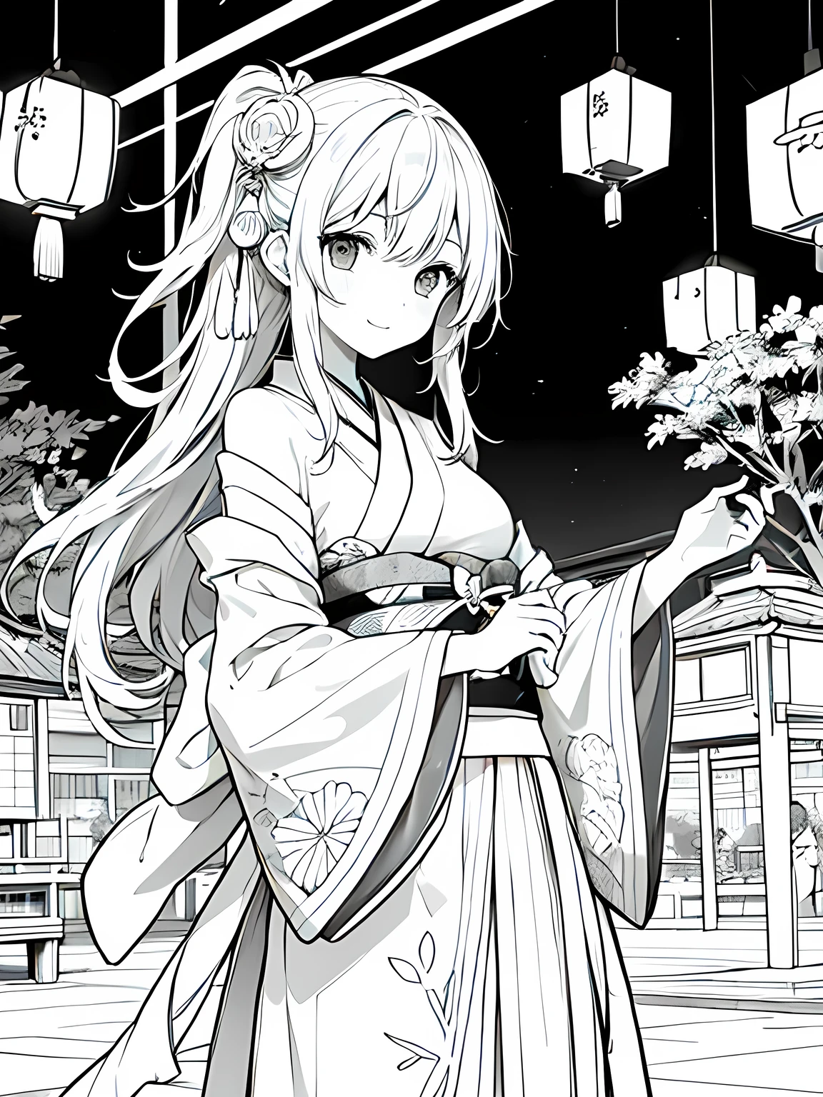 Generate a coloring page with a white background depicting a nighttime Japanese festival where people are playing a goldfish scooping game. Include elements like lanterns, festival stalls, and the goldfish scooping pool, all with clear and bold outlines.Create a coloring page with a white background showing a Japanese festival at night with fireworks in the sky and lanterns hanging around. The scene should have distinct outlines of people, stalls, and decorations, suitable for coloring.Create a coloring page with a white background and detailed floral designs. The outlines should be thick and easy to color within.,Line art background, background, Monochrome, Line art, ((sketch)),Highest quality,masterpiece,monochrome,Lineart,single color,Create a detailed coloring page,Girl、Big eyes、smile,yukata、Lantern,Goldfish,Goldfish scoop,Generate a coloring page with a white background featuring a character enjoying a goldfish scooping game at a Japanese festival. The character should be depicted with a net, attempting to catch goldfish from a pool. Ensure the character and the goldfish scooping setup have clear, bold outlines suitable for coloring.