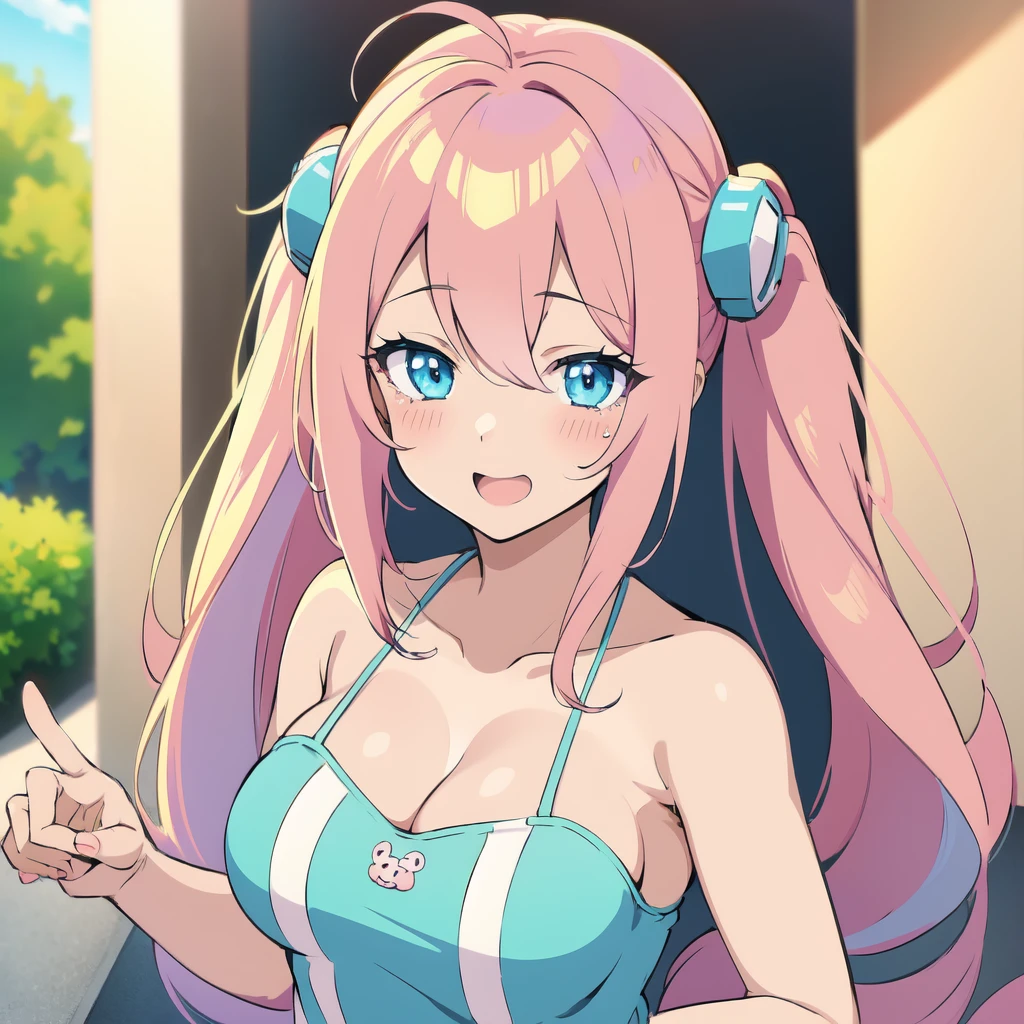 anime girl with pink hair and blue eyes making a peace sign, (1 girl) anime moe artstyle, pink twintail hair and cyan eyes, 2d anime style, shirabii, with index finger, cute anime face, twintails, anime vibes, soft anime illustration, an anime girl, in an anime style, anime visual of a cute girl, anime visual of a cute girl, smooth anime cg art, cute anime girl, young anime girl, an anime girl, female anime character, (anime girl), pretty anime girl, anime character art, anime character, big breast, full breast, large bossom, sexy girl, anime girl, portrait anime girl, anime moe artstyle, sayori, anime best girl (BEAUTIFUL SMILE)