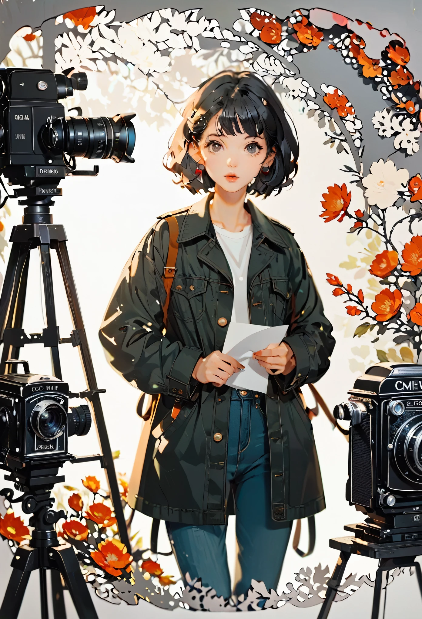 (((paper cutting style))), 1 girl, long black short hair, coat, shirts and denim, portfolio, cinema, film, camera