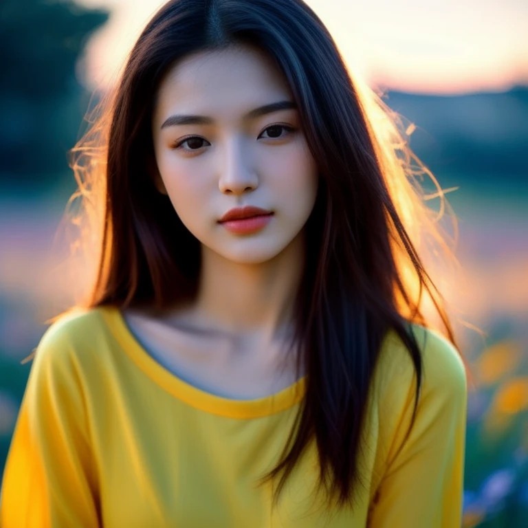 A long-haired woman wearing a black shirt poses in a field of flowers., beautiful south korean woman, beautiful young korean woman, gorgeous young korean woman, Chinese girl, Gorgeous Chinese model, Korean girl, beautiful asian girl, korean woman, Chinese woman, Xindong Chen, By Ni Thian, beautiful pictures, Si Han, Beautiful Asian woman, Jingna Zhang