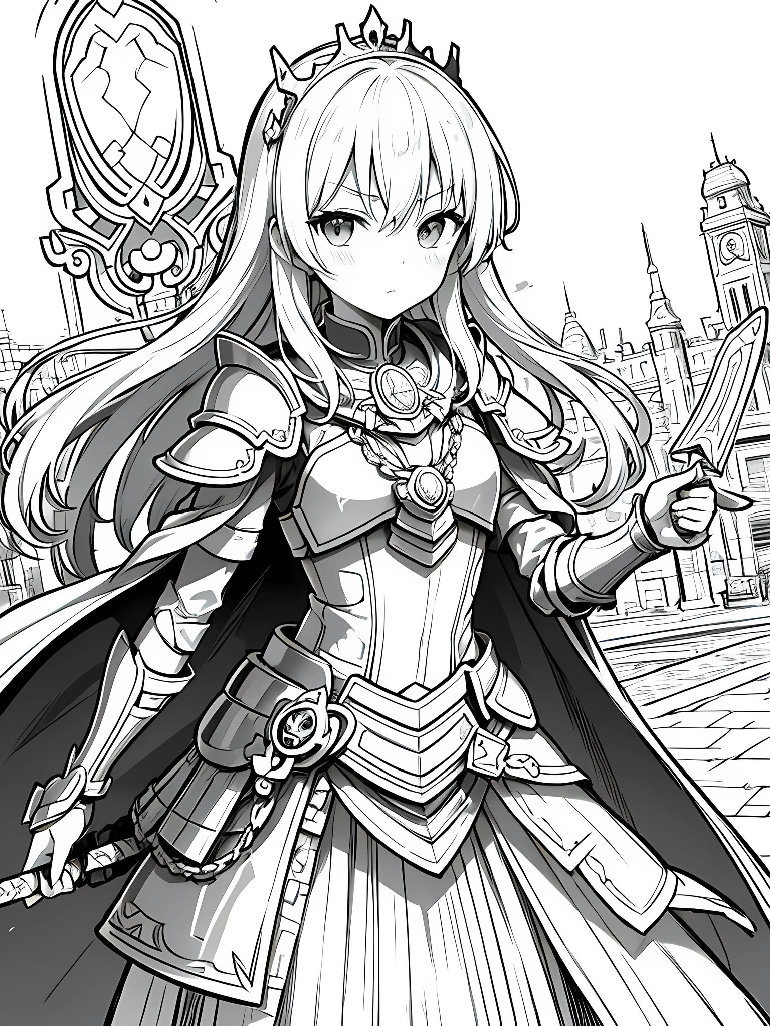 Line art background, background, Monochrome, Line art, ((sketch)),Highest quality,masterpiece,monochrome,Lineart,single color,Create a detailed coloring page,Pitiful、Girl beautiful and elegant armor、Plate Armor、Chainmail、Cape、Cape、Small Crown、tiara、Amulet、pendant、bracelet、ring、A large legendary sword engraved with magical powers and symbols.、Powerful Shield、courage、Decisiveness、leadership、Responsibility、Feeling for friends、Dedication、sincerity、Justice、Excellent swordsmanship、High protection、magic、Big eyes、Long Hair、Elegant style、Beauty and charm