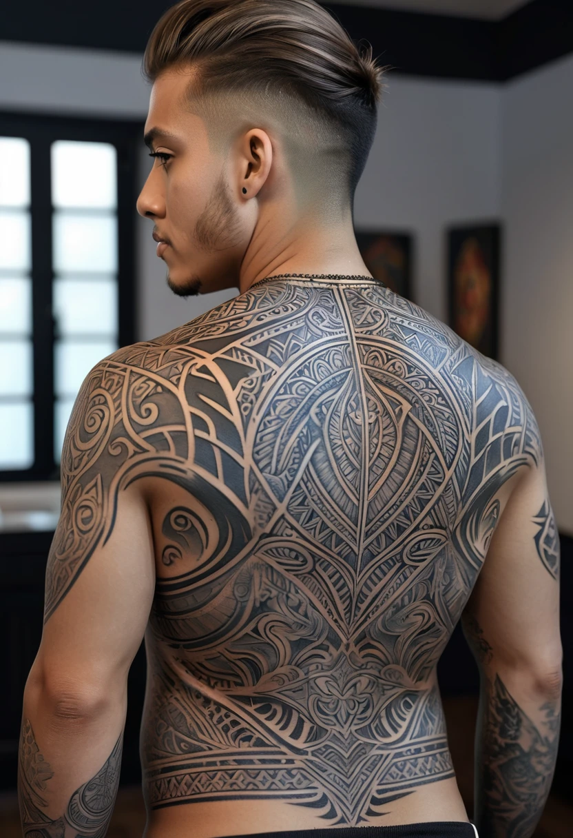 a detailed back tattoo, intricate tribal tattoo design, tattoo on muscular back, black and grey tattoo, large back tattoo, detailed linework tattoo, photorealistic tattoo, hyper realistic tattoo, beautiful tattoo art, highly detailed tattoo, incredible tattoo, stunning tattoo, (best quality,4k,8k,highres,masterpiece:1.2),ultra-detailed,(realistic,photorealistic,photo-realistic:1.37)