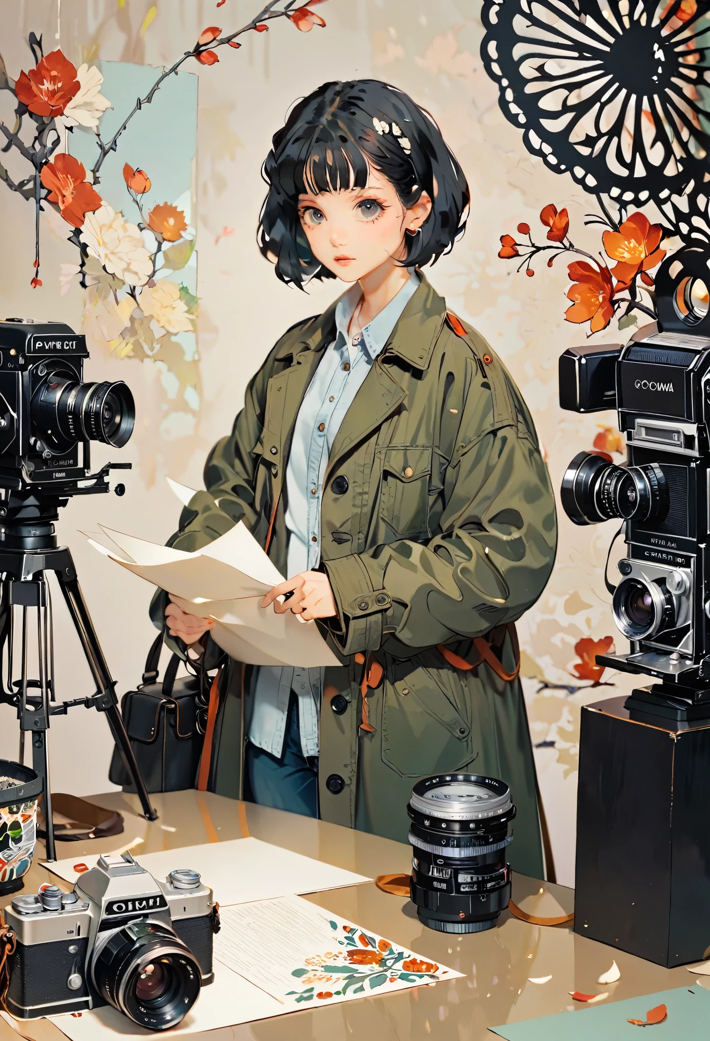 (((paper cutting style))), 1 girl, long black short hair, coat, shirts and denim, portfolio, cinema, film, camera