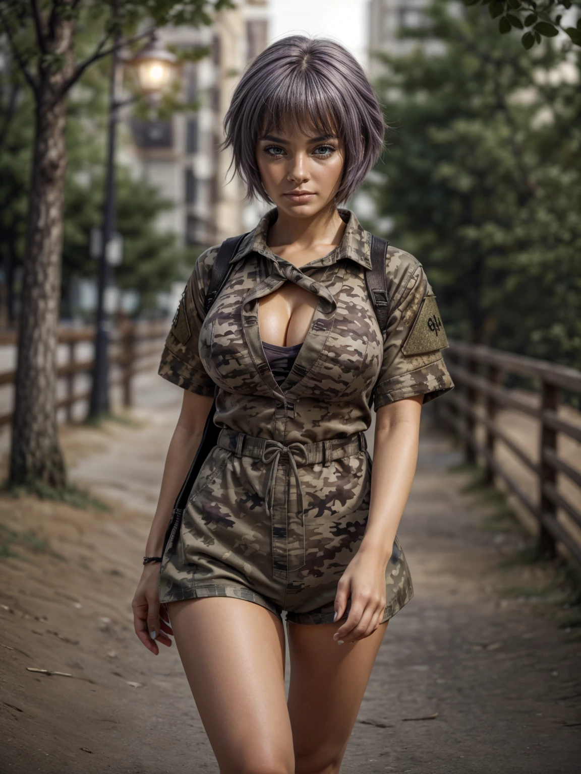 (1 lady), (Best quality at best:1.4), (ultra - detailed), (extremely detailed CG unified 16k), A Beautiful Woman with Perfect Figure: 1.4, Sharp Focus: 1.2, very detailed, High-definition RAW color photo, professional photoshooting, amazing face and eyes, cosmetics, (amazingly beautiful girl), ((yuki)), ((grays woodland camo bdu shirt, black combat boots)), standing, sexyposture,(Stylish urban landscape, day light), (look from down), realistic cinematic face, head to feet long wide zoomed out view, full body long view, photorealistic, ((realistic natural grayish purple hair style, yellowish eyes)), gorgeous, extremely beautiful face, perfect model beauty, pout mouth, Highly Detailed Face and Skin Texture, Detailed Eyes, Double Eyelids, Big Breasts, inexpressive face, cleavages, western, (masterpiece), best quality, high resolution, extremely detailed, blurred background, depth of field, cinematic lighting, amazing legs, clear and well-cared skin