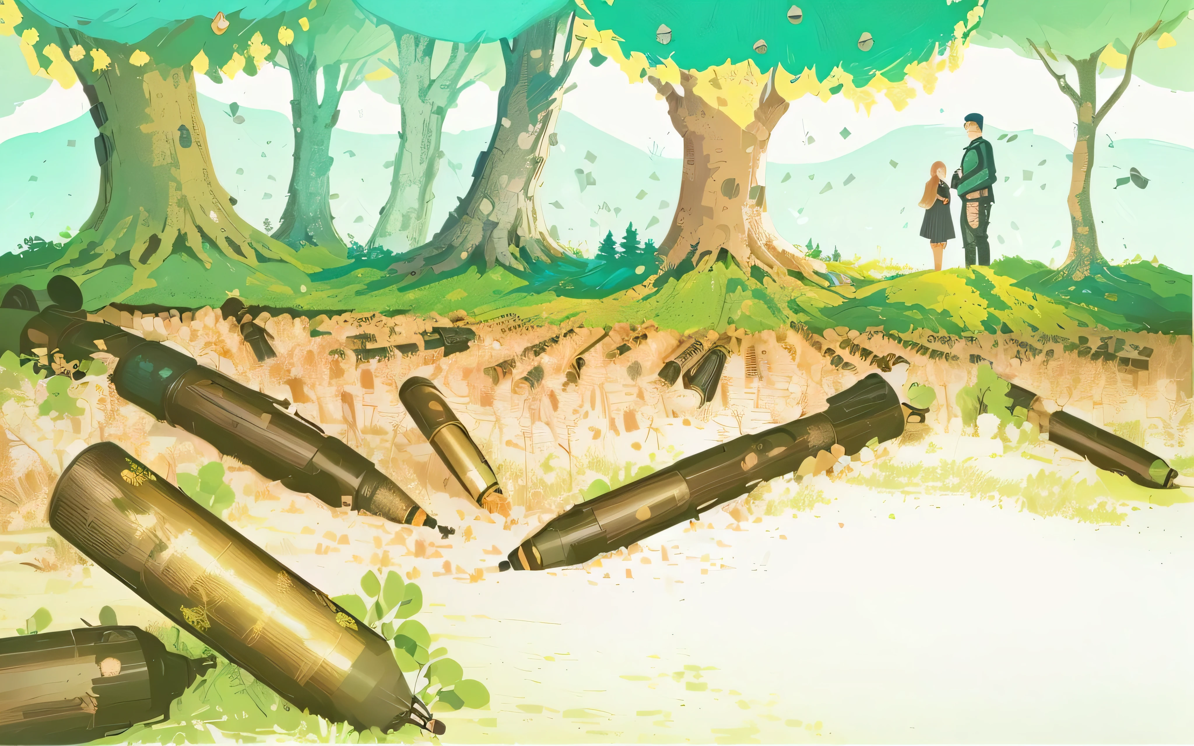 illustration of a mother and a standing in a forest with a bunch of bullet shells, UXO underground, which we can see roots of trees, a beautiful artwork illustration, full color illustration, background artwork, environment design illustration, background art, concept illustration, Bombies illustration, UXO illustration, background: forest scenes, an illustration, stylized digital illustration, concept illustration