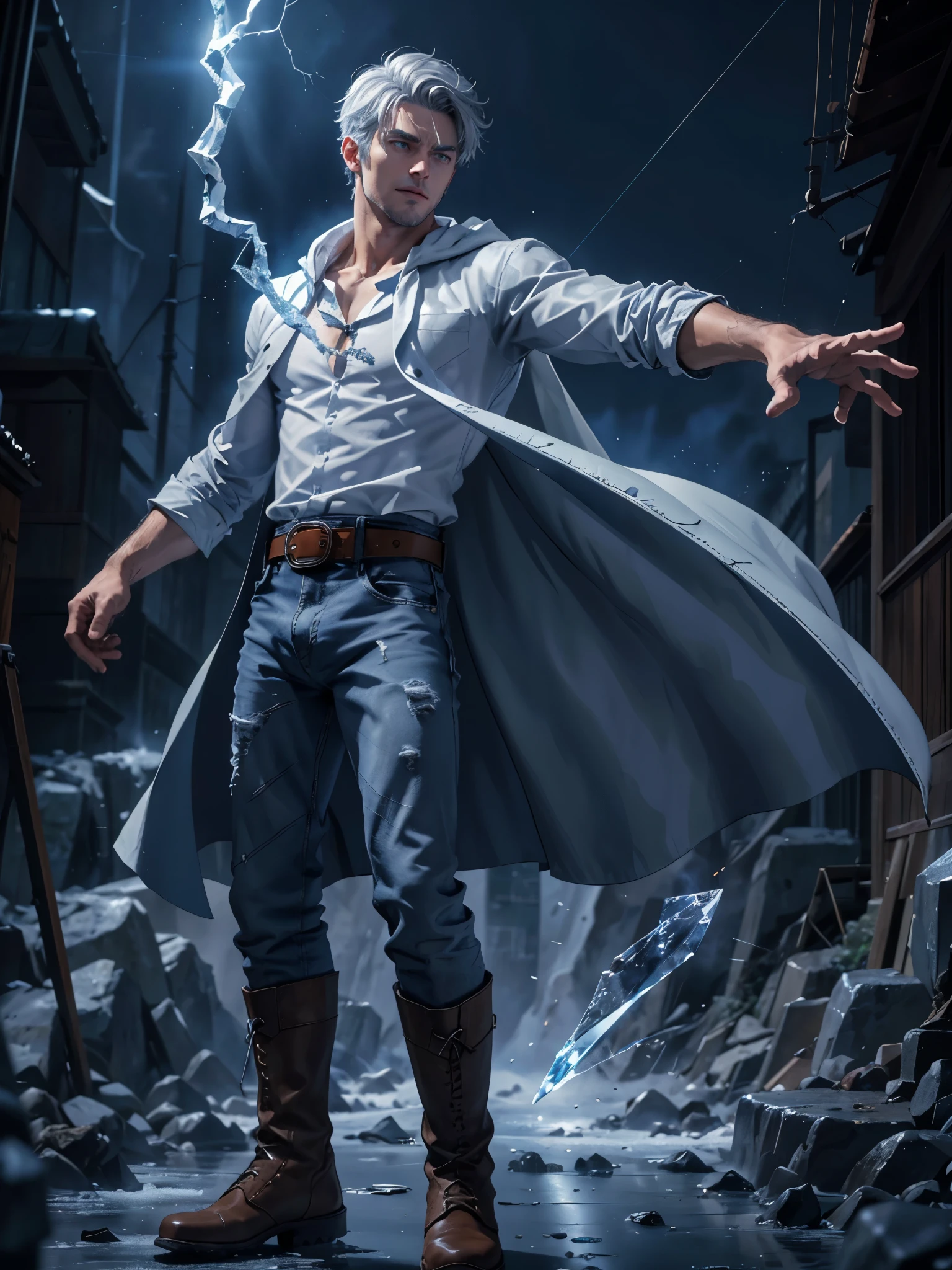 Design 1wizard man throwing a ice beam. Young man with ice hooded cape.Light gray hair Gray eyes Wearing a white button-down shirt Wearing blue jeans Wearing a brown belt Wearing short brown boots Wearing blue gloves on your hands. epic.cinematografico