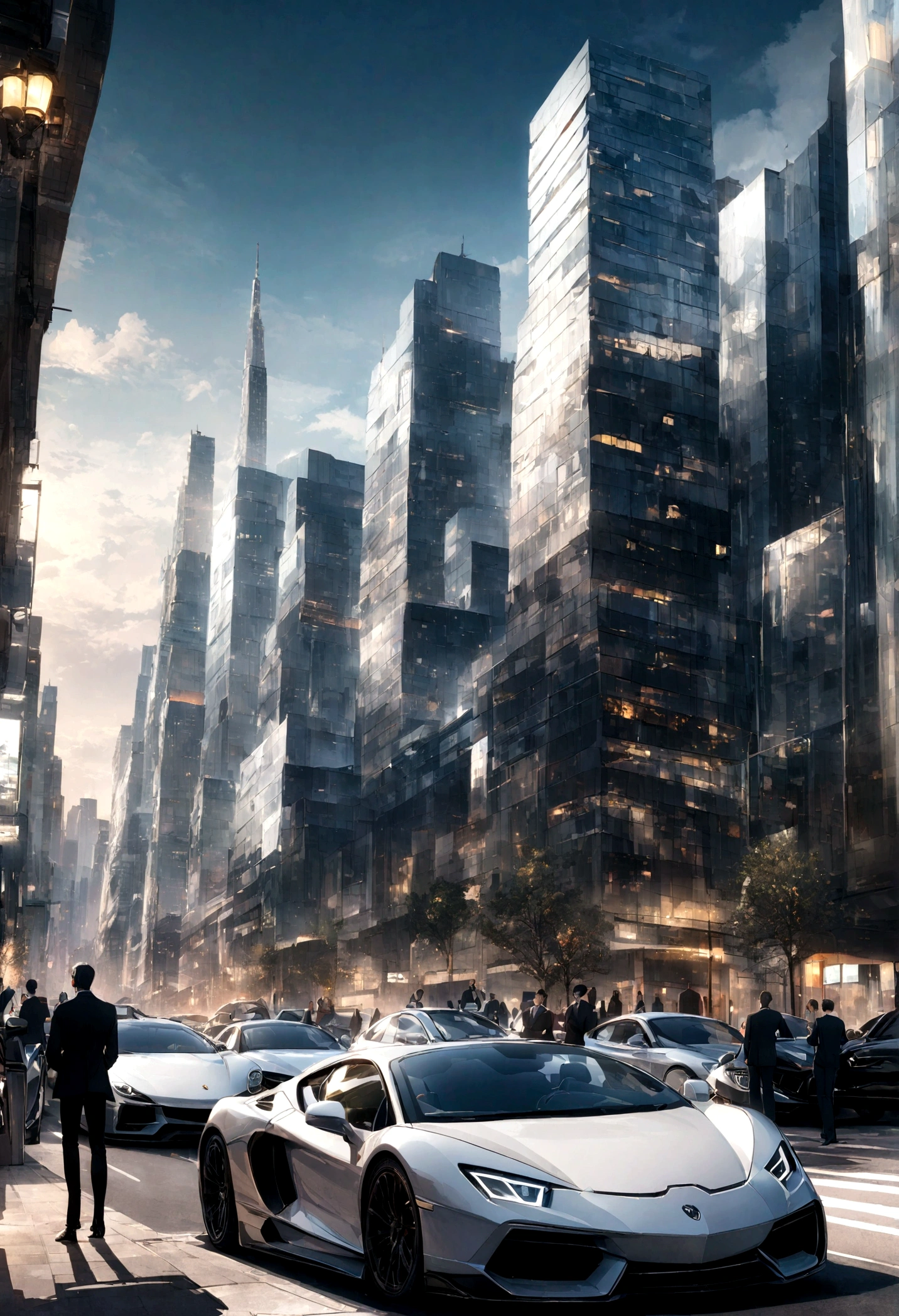 A bustling cityscape with skyscrapers and luxury cars, highlighting a wealthy businessman named John with his son Jack