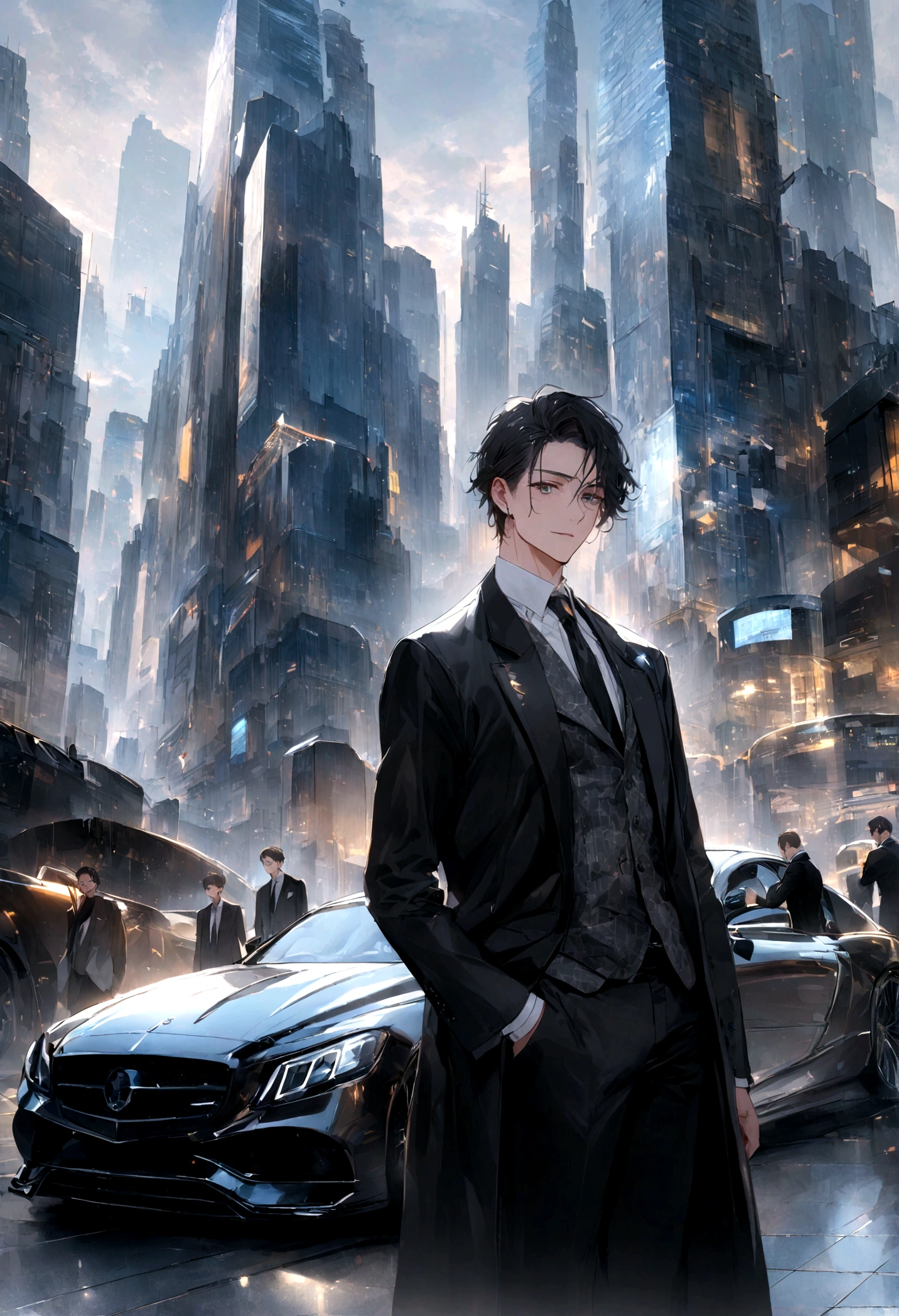 A bustling cityscape with skyscrapers and luxury cars, highlighting a wealthy businessman named John with his son Jack