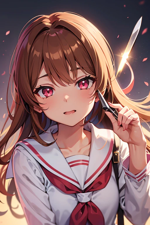Girl, sailor uniform, brown fluffy hair, light skin, glowing pink eyes, holding and licking knife, glaring