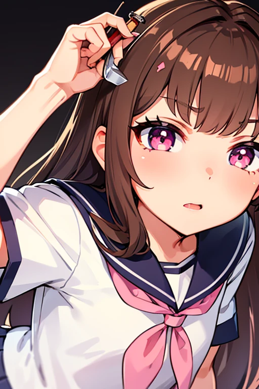 Girl, sailor uniform, brown fluffy hair, light skin, glowing pink eyes, holding and licking knife, glaring