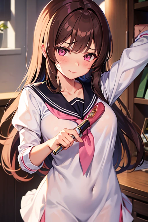 Girl, sailor uniform, brown fluffy hair, light skin, glowing pink eyes, holding and licking knife, glaring