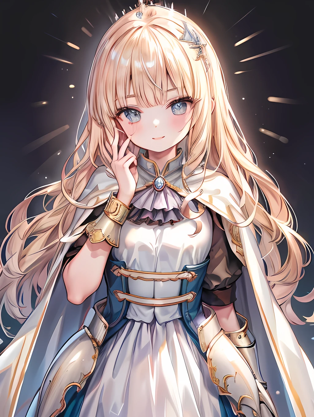 Clear background,Girl、Brave、Beautiful and elegant armor、Plate Armor、Chainmail、Cape、Cape、Small Crown、tiara、Amulet、pendant、bracelet、ring、A large legendary sword engraved with magical powers and symbols.、Powerful Shield、courage、Decisiveness、leadership、Responsibility、Feeling for friends、Dedication、sincerity、Justice、Excellent swordsmanship、High protection、magic、Big eyes、Long Hair、Elegant style、Beauty and charm,smile
