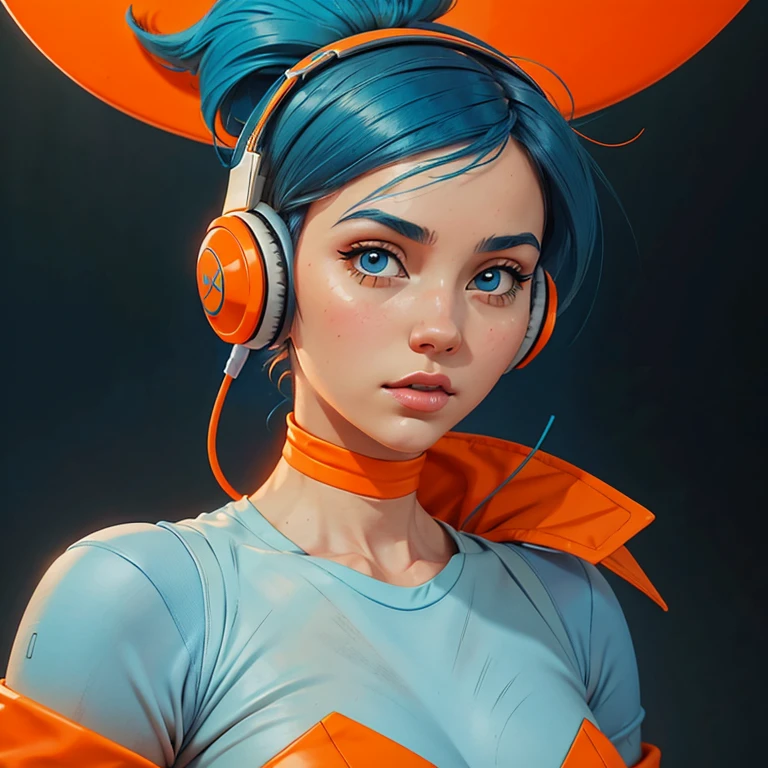 Girl with Blue hair wearing big headphones in Orange and White Pastel Dreamlike Whimsy Cool Futuristic Minimalism, Waifu Style