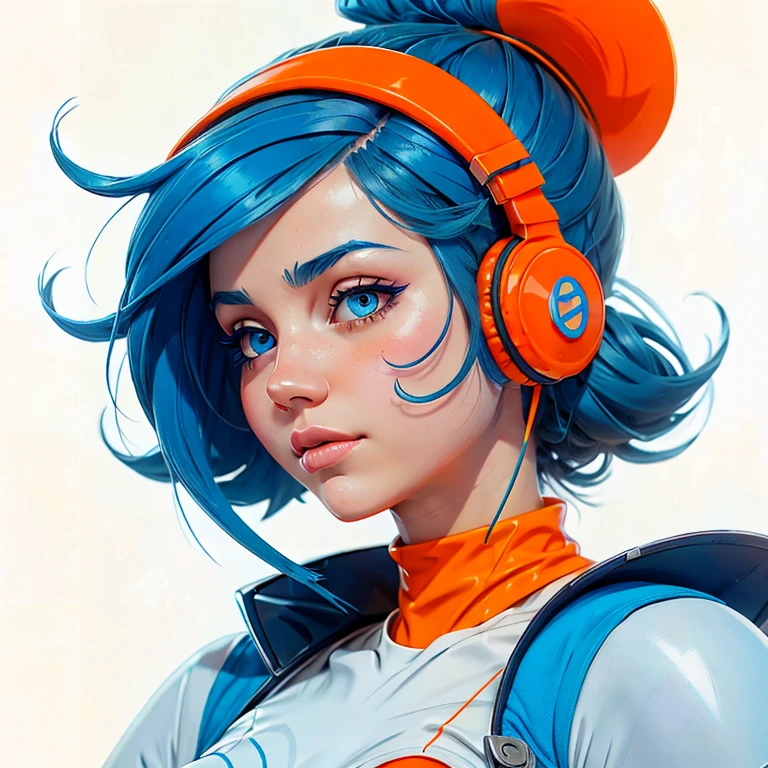 Girl with Blue hair wearing big headphones in Orange and White Pastel Dreamlike Whimsy Cool Futuristic Minimalism, Waifu Style