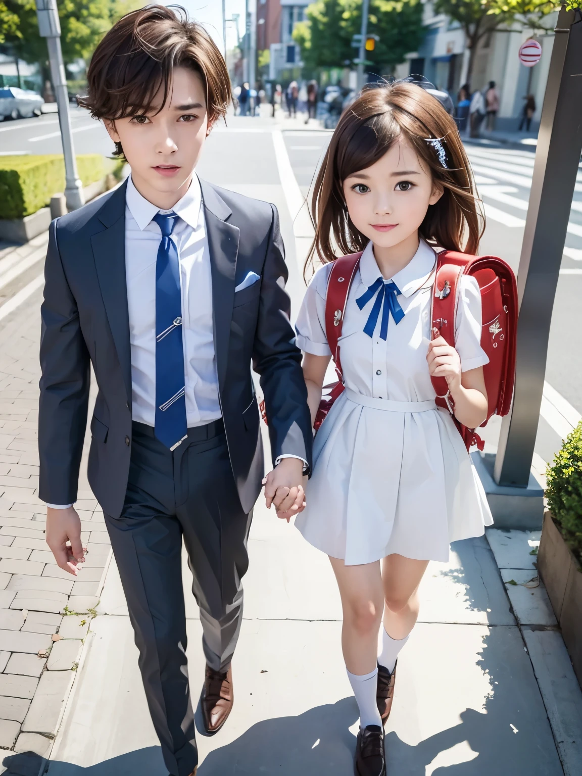 masterpiece, best quality, realistic, 2others, couple, 1man with 1woman, Height difference, happy, love, smile, 1 boy, highschool boy, brown hair, brown eyes,  white collared shirt, neck tie,blue trousers, wearing brown shoes, 1 girl, highschool girl,  blue eyes, brown hair, hair ornaments, medium hair, white dress, cute dress, neck ribbon, wearing school backpack, white socks, wearing brown shoes, street, holding hands, standing, fullbody, day, sunlight