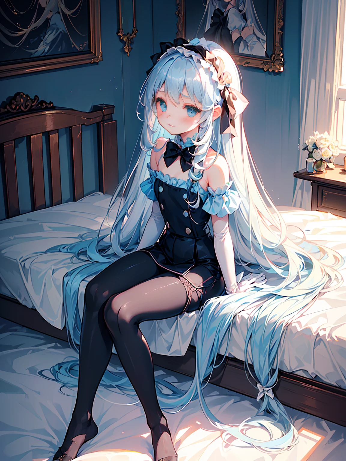 masterpiece, best quality, extremely detailed, (illustration, official art:1.1), 1 girl ,(((( light blue long hair)))), ,(((( light blue long hair)))),light blue hair, ,10 years old, long hair ((blush)) , cute face, big eyes, masterpiece, best quality,(((((a very delicate and beautiful girl))))),Amazing,beautiful detailed eyes,blunt bangs((((little delicate girl)))),tareme(true beautiful:1.2), sense of depth,dynamic angle,,,, affectionate smile, (true beautiful:1.2),,(tiny 1girl model:1.2),)(flat chest), (((1 girl)),Ray tracing,(dim lights),[Detailed background (bedroom)) 、 ((((Girl wears exquisitely embroidered black high-waisted pants with pantyhose) and white ruffled bow gloves), correct limbs, sitting on bed、Ribbon headband、Pencil Skirt
