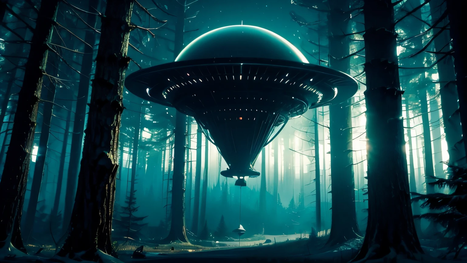 A UFO floating above a deserted forest late at night. Adamski type.