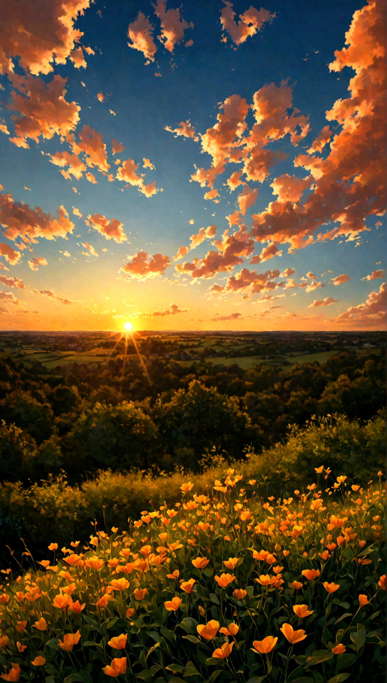 Sunset, evening glow, distant view, realistic, rich colors, gorgeous and colorful, wide-angle lens, shooting in the evening, positive film, naturalistic style, high-definition filming.