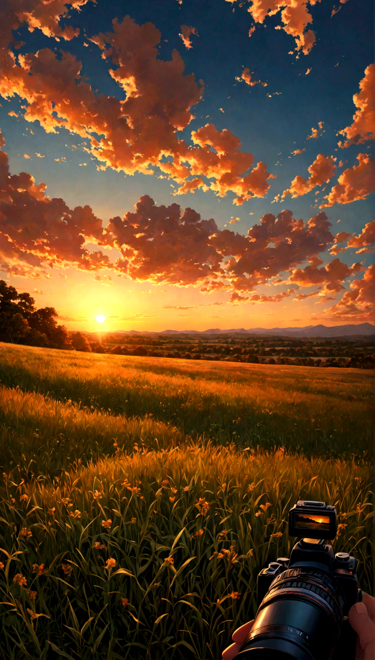 Sunset, evening glow, distant view, realistic, rich colors, gorgeous and colorful, wide-angle lens, shooting in the evening, positive film, naturalistic style, high-definition filming.