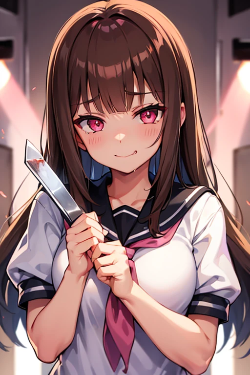Girl, sailor uniform, brown fluffy hair, light skin, glowing pink eyes, holding and licking bloody knife, glaring, smirk