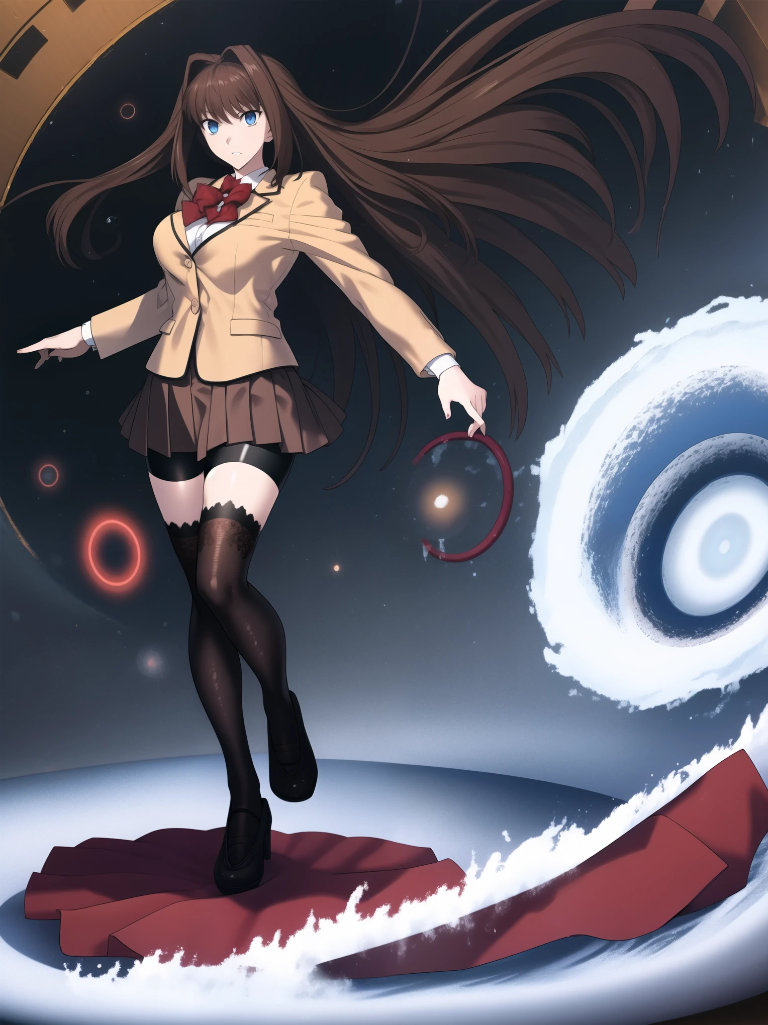 BREAK, centered. BREAK, (EMPTY BACKGROUND), BREAK (masterpiece:1), best quality, high resolution, 8k, illustration, (beautiful detailed eyes:1.tremely detailed face, extremely detailed body, CG, perfect hands, perfect , (((1girl))), ((solo)), ((bbaoko)), ((2 legs max)), ((2 feet max:1.6)), ((swirling vortex shaped longest brown hair:1.5)), (brown longest hair with slightly reddish undertone:1.6), (lush luscious longest brown hair:1.6), (very long voluminous longest brown hair:1.5), serious, blue eyes, red bowtie, (Form-fitting beige blazer:1.5), brown jacket, (highly detailed beautiful face:1.2), (white shirt:1), (well shaped :1.6), (nice :1), (((Umber pleated thigh-high skirt:1.6))), (((black bike shorts:1.4))), (toned thighs:1.6), (jetblack thighhighs:1.6), (strap shoes brown color), (facing front:1.5), ((standing straight:1.5)), ((Fullbody in frame:1.6)), ((Full body:1.5)), ((takeuchi takashi:1.3))
