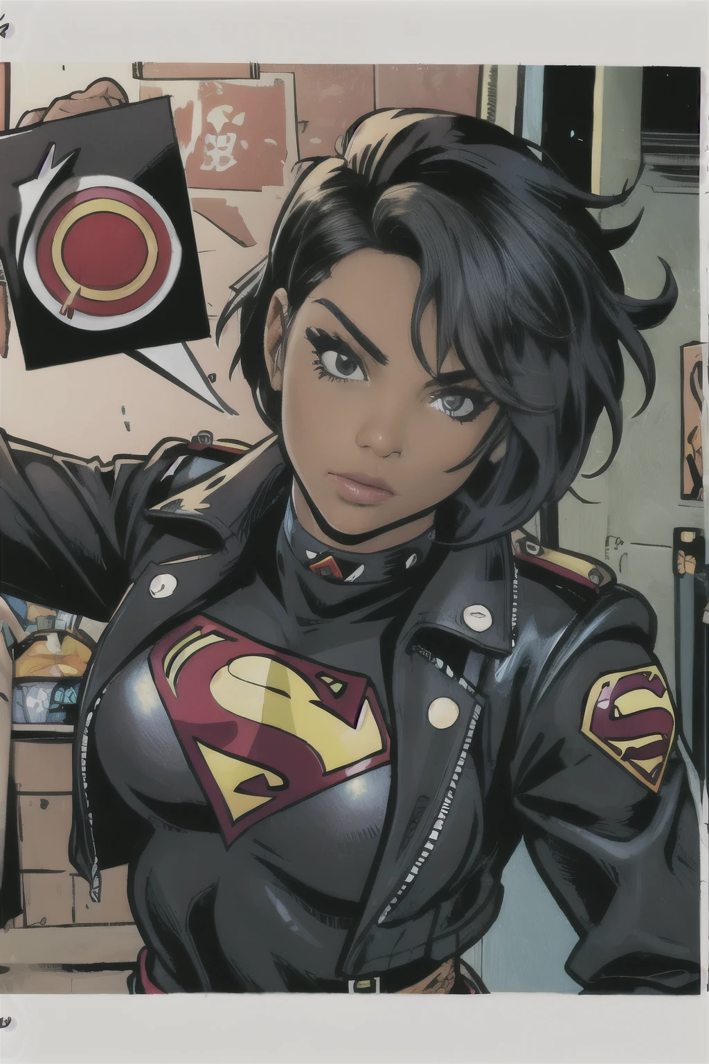 Close-up, girl with short black hair, dark skin, black eyes, black shirt with red Superman symbol, wearing a black leather jacket, black hair and a feminine punk cut. She dresses like a rebel. Comic book drawing style