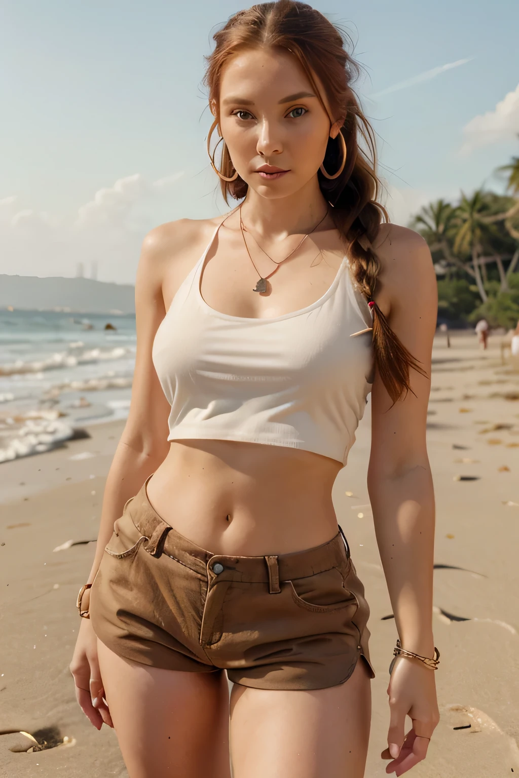 Young woman, 20 years old, with beautiful hazel eyes, long red hair, hazelnut nose, elegant face, big stone belly piercing, mini shorts, sexy half tank top, sneakers, hoop earrings, stylish necklace, elegant bracelet, hair braided, pose on the beach, dark tone make-up.
